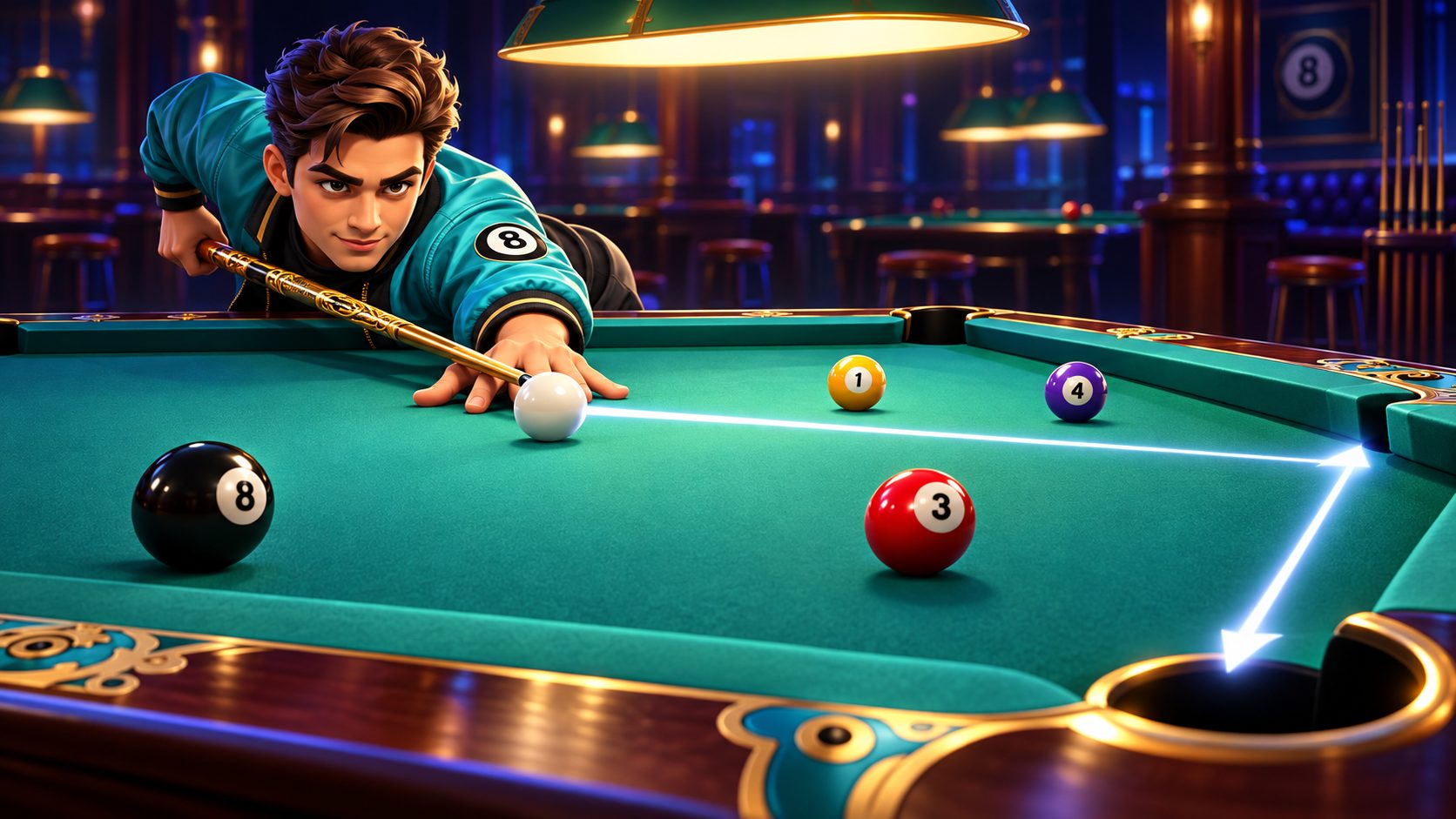 8 Ball Pool lange Linien: Spieler zielt mit einem leuchtenden Queue über den Tisch