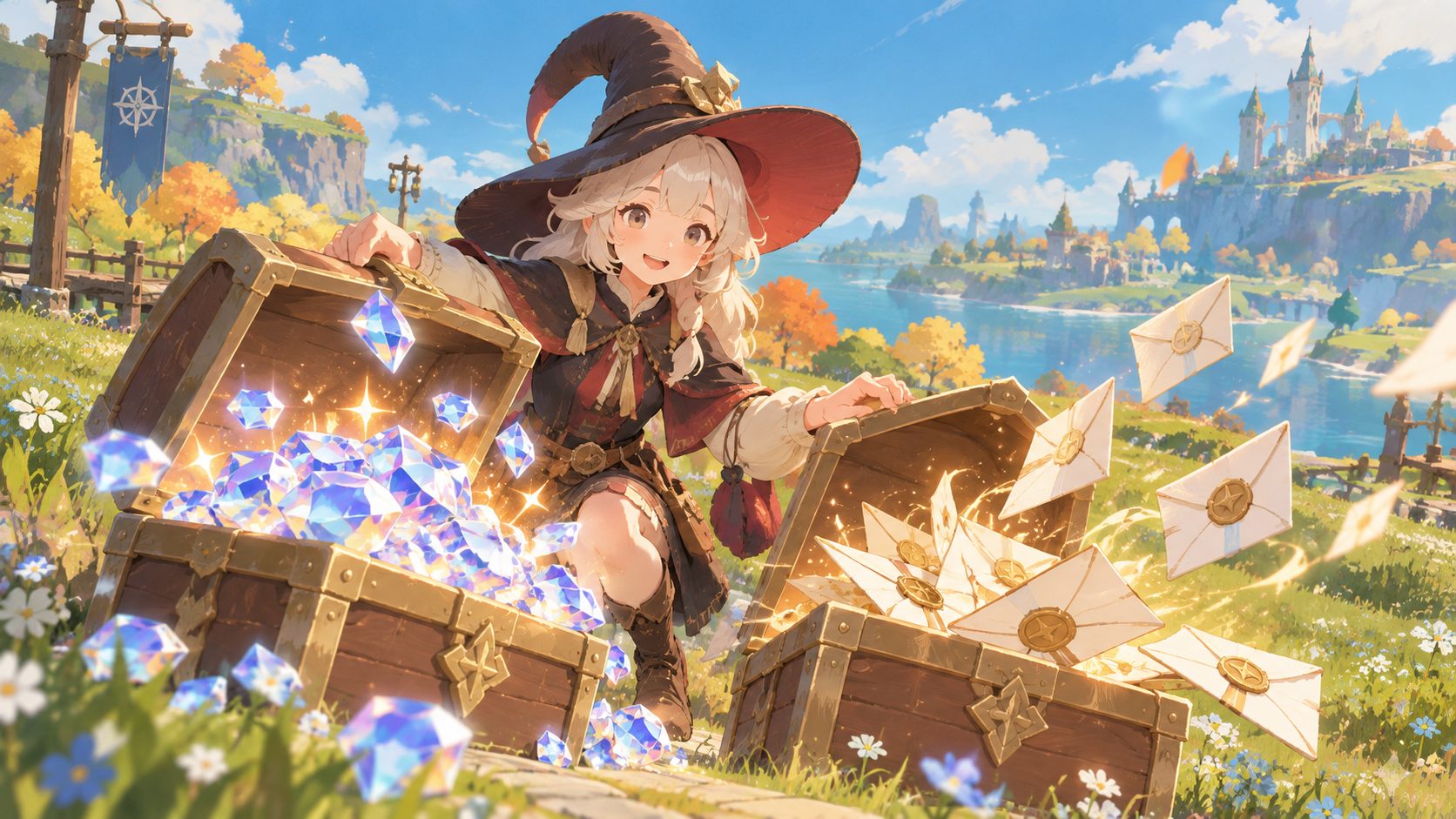 AFK Journey Codes Oktober 2026: zwei Truhen mit Diamanten und Einladungsbriefen