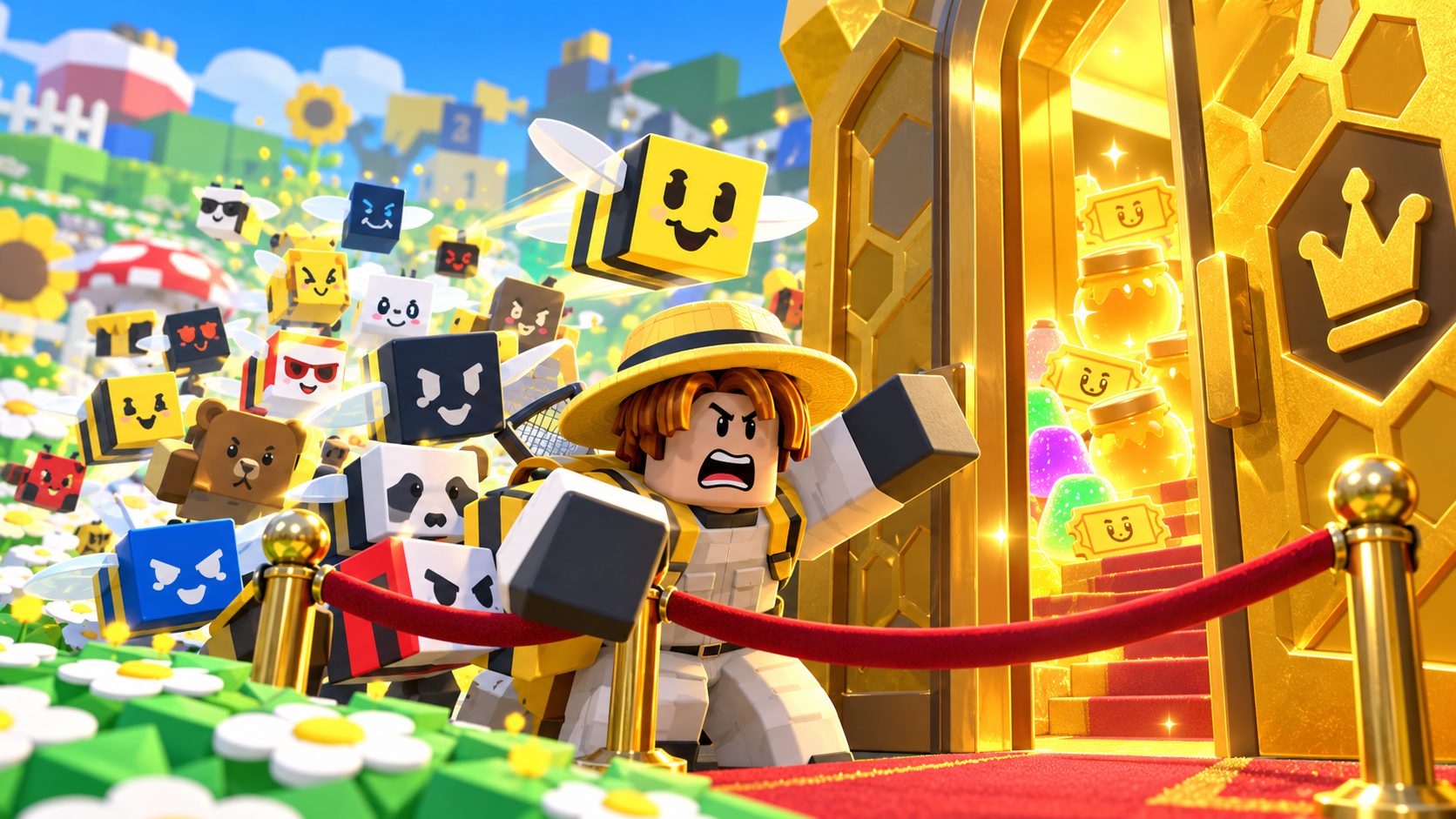 Bee Swarm Simulator Codes: Roblox-Avatar mit Bienenschwarm vor einer verschlossenen Club-Tür