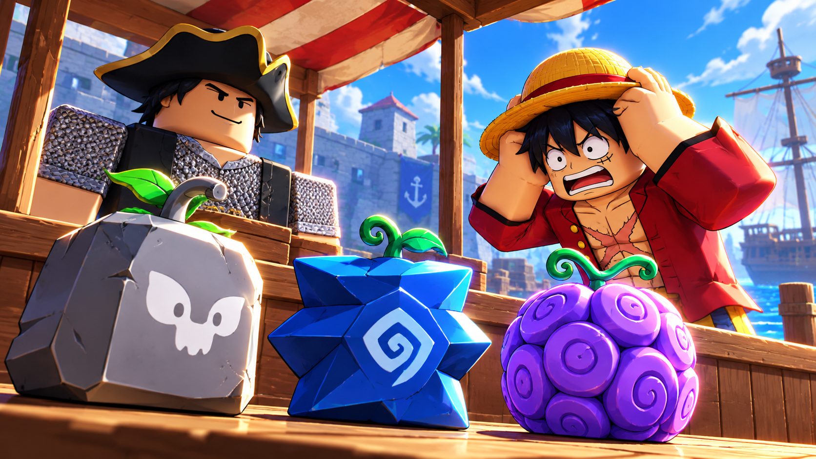 Blox Fruits Fruit Dealer mit seinem Stock an Früchten