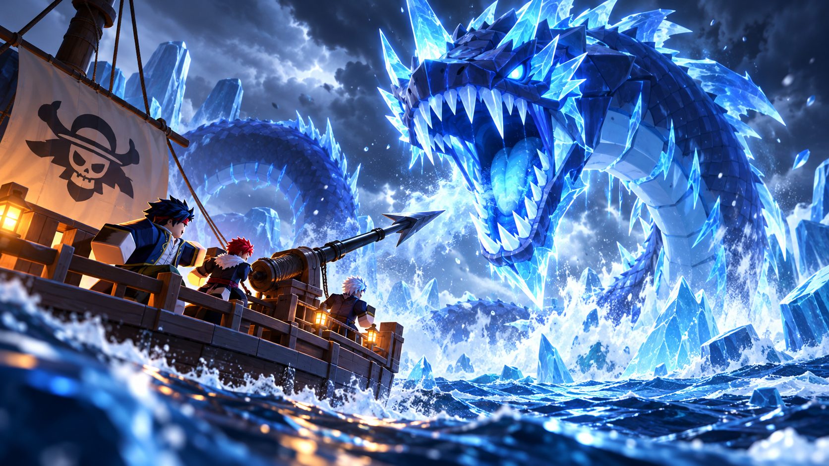 Blox Fruits Leviathan taucht neben dem Boot aus dem Eismeer auf