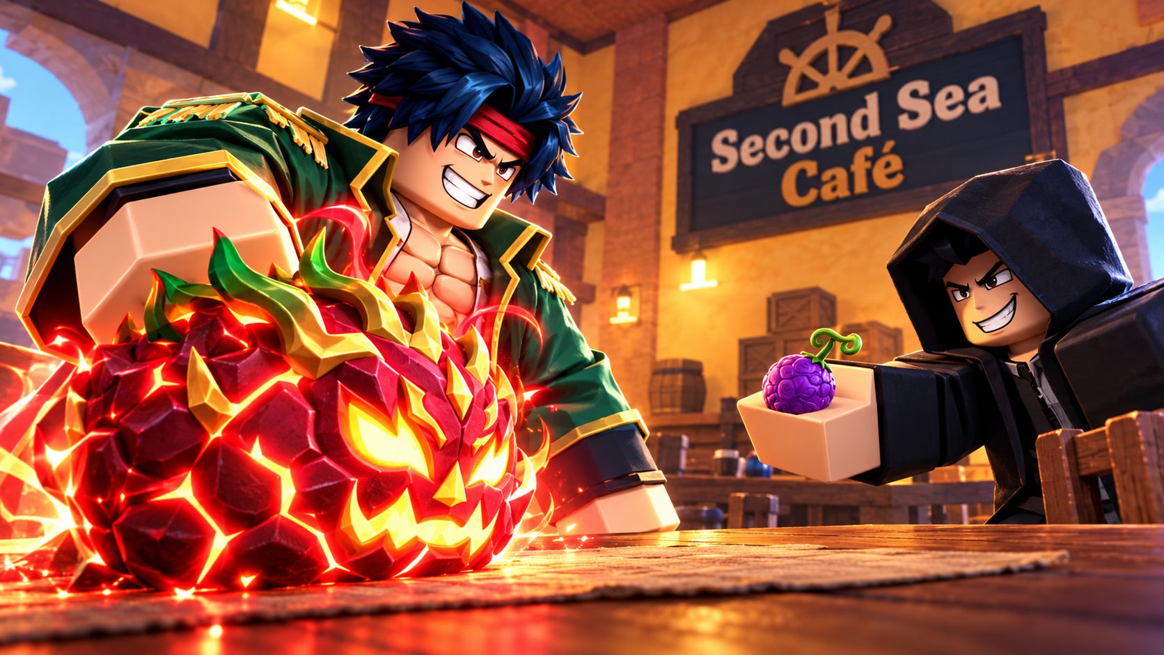 Blox Fruits Werte: Spieler am Handelstisch mit Dragon-Frucht