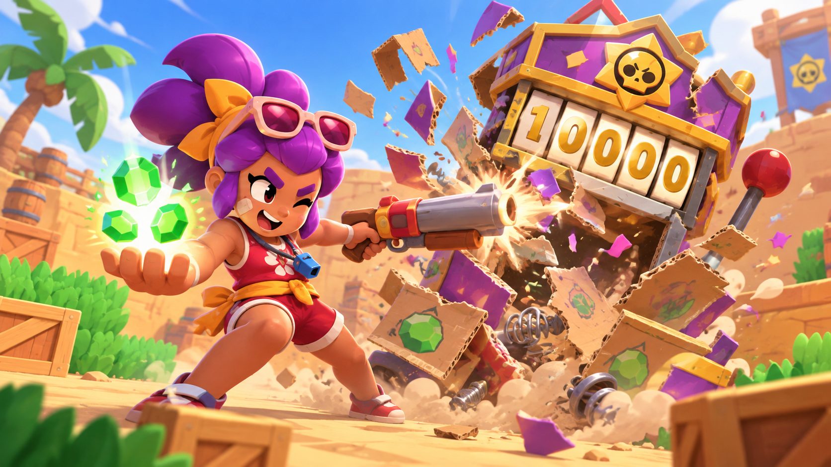 Brawl Stars gratis Juwelen: Brawler mit echten Juwelen vor einem zerbrechenden Fake-Generator