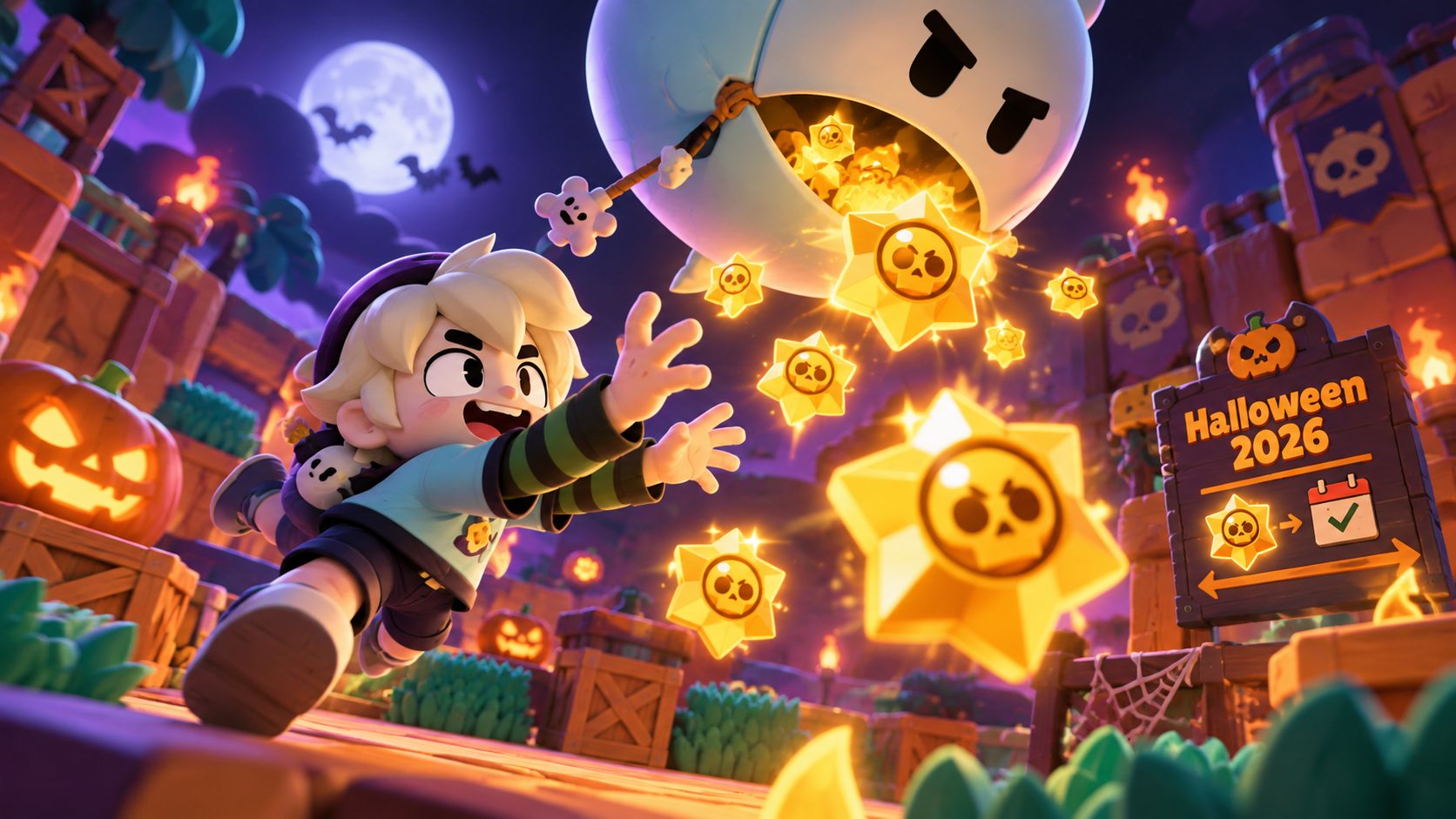Brawl Stars Halloween 2026: Gus' Ballon Loony über einem Berg Starr Drops