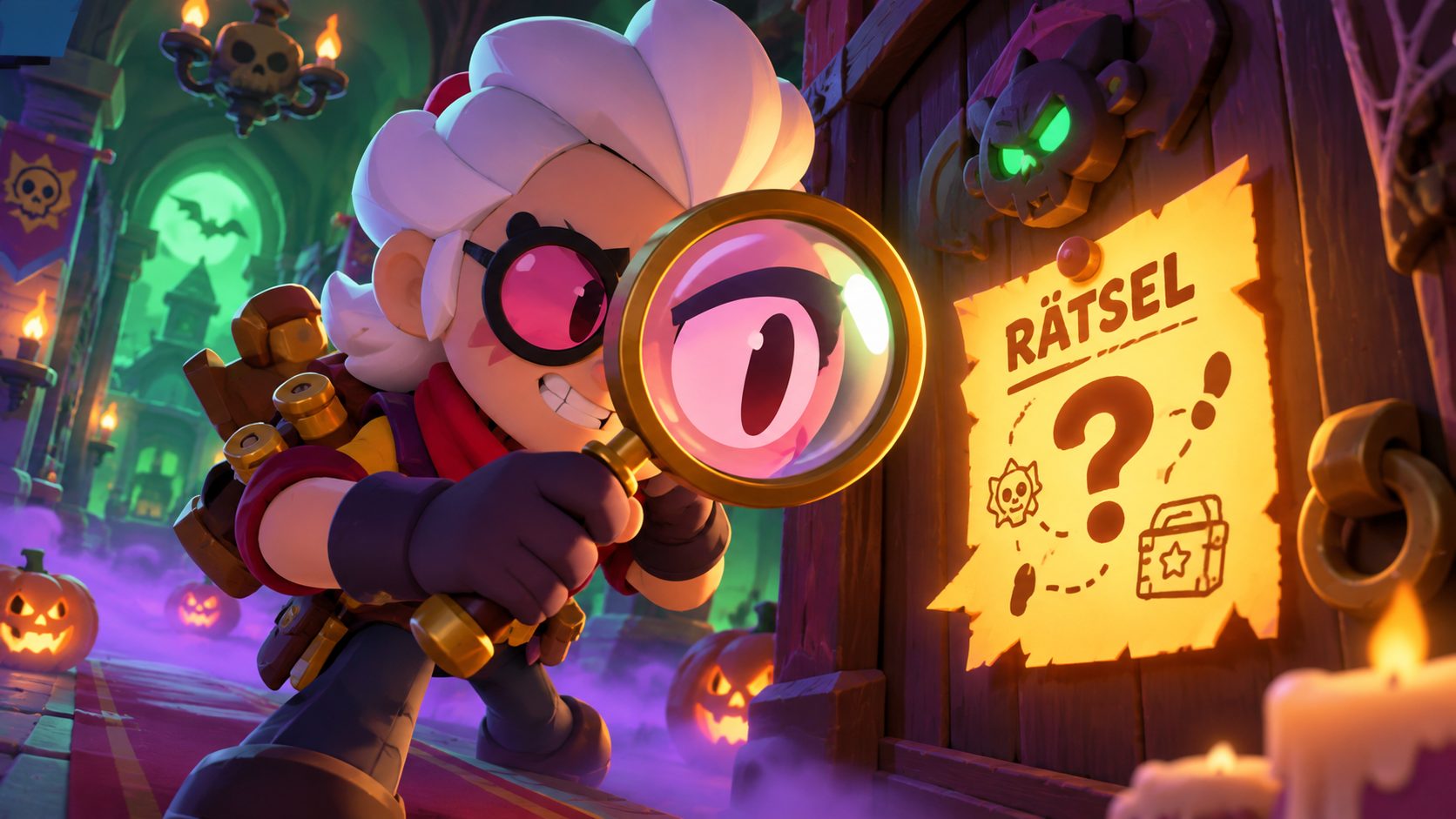 Brawl Stars Rätsel Lösung: Belle prüft einen Hinweis im Halloween-Labor