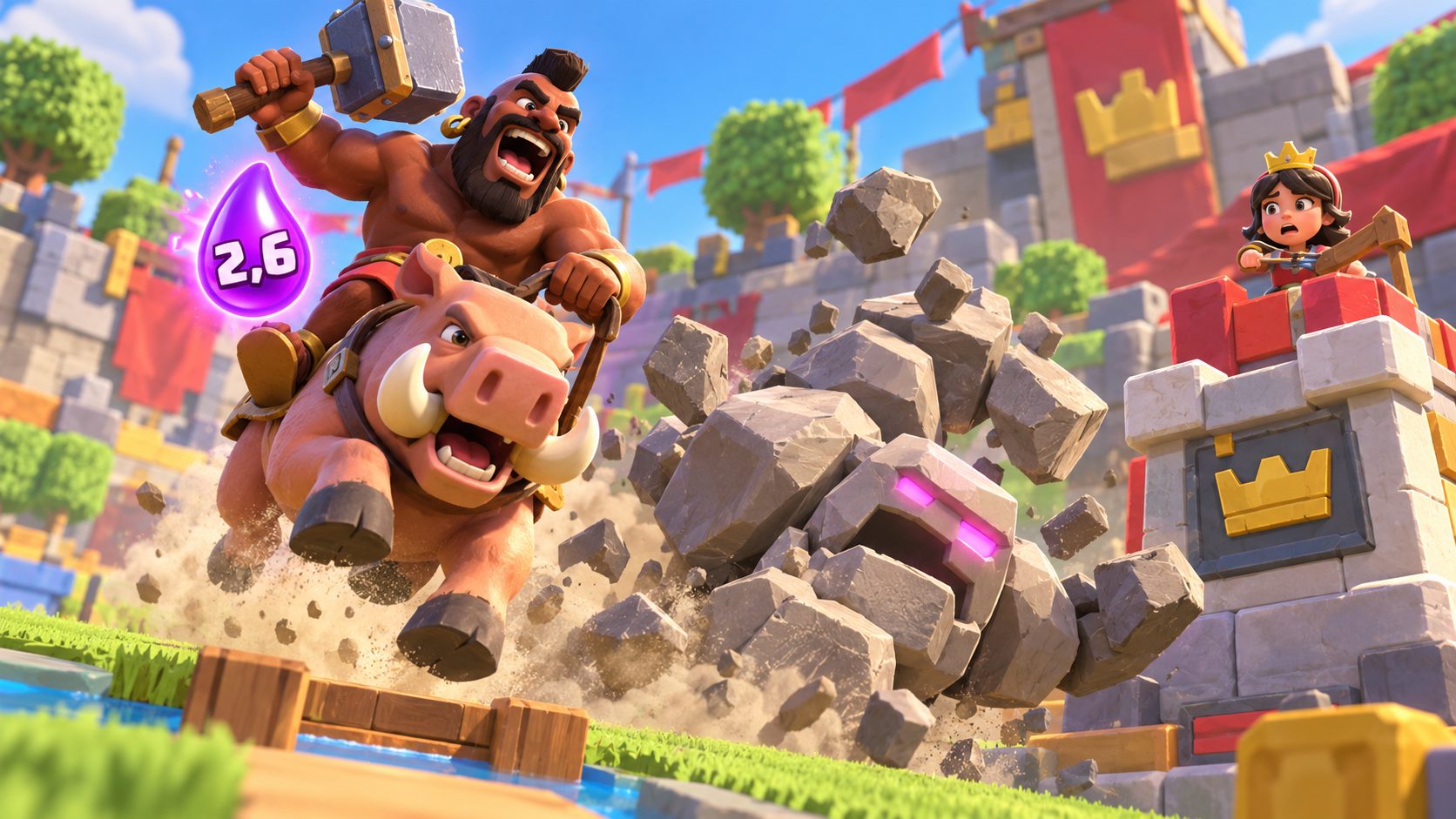 Clash Royale beste Decks: Schweinereiter springt über einen umfallenden Golem auf den Turm zu