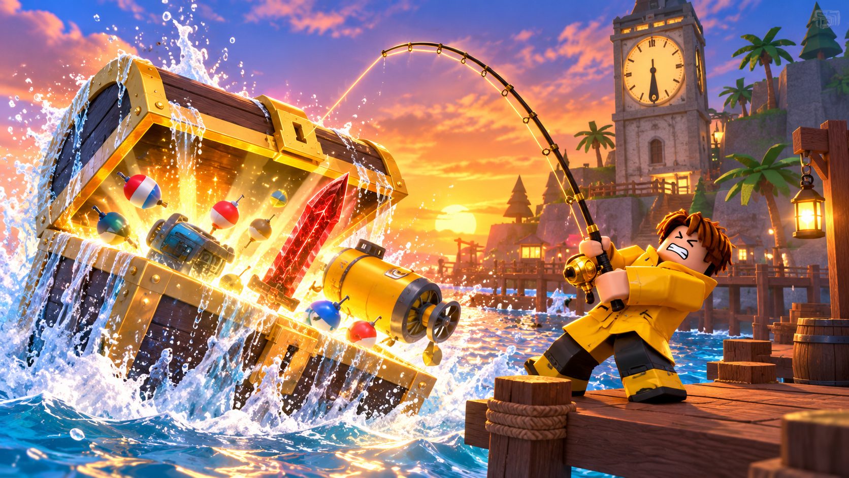 Fisch Codes in Roblox: Angler zieht eine Schatztruhe aus dem Wasser