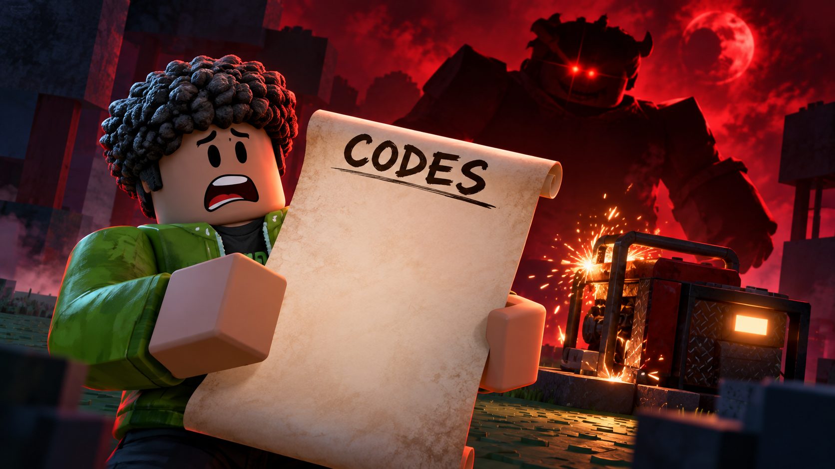 Forsaken Codes: Roblox-Überlebender vor einem leeren Code-Feld, hinter ihm der Killer