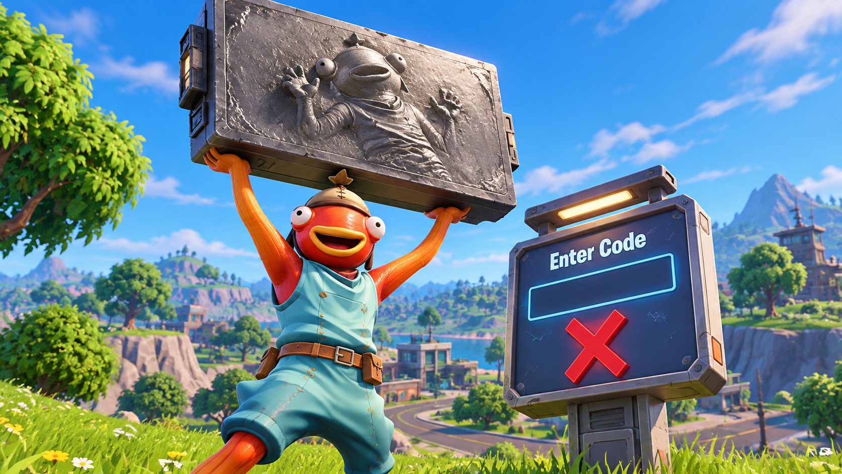 Fortnite Codes: Fishstick hält ein Rückenaccessoire aus Karbonit