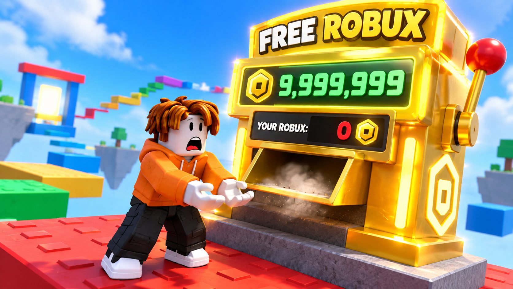 Gratis Robux: Roblox-Avatar vor einem Fake-Generator, der keine Robux ausspuckt