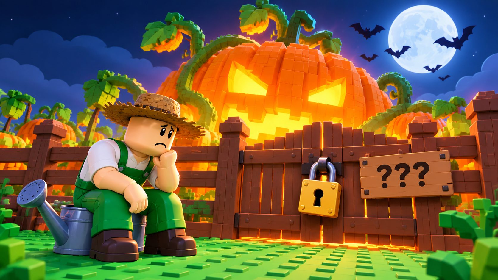 Grow a Garden Halloween in Roblox: Spieler vor einem riesigen leuchtenden Kürbis im Garten