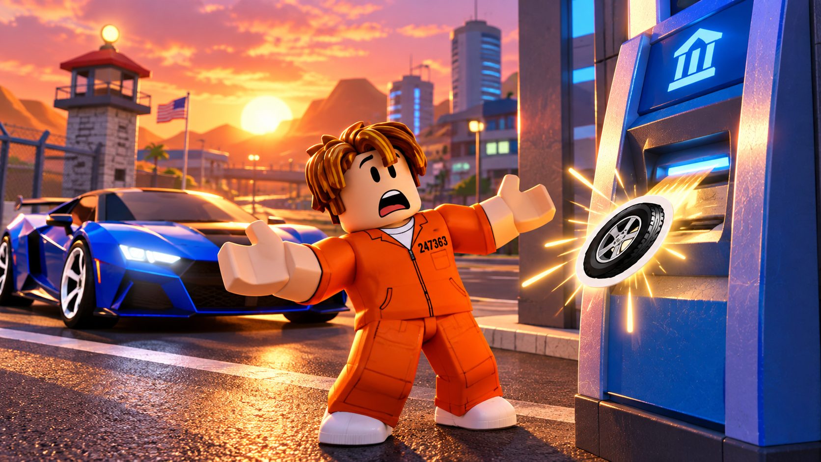 Jailbreak Codes: Roblox-Gefangener am ATM hält einen Reifen-Sticker statt Geld