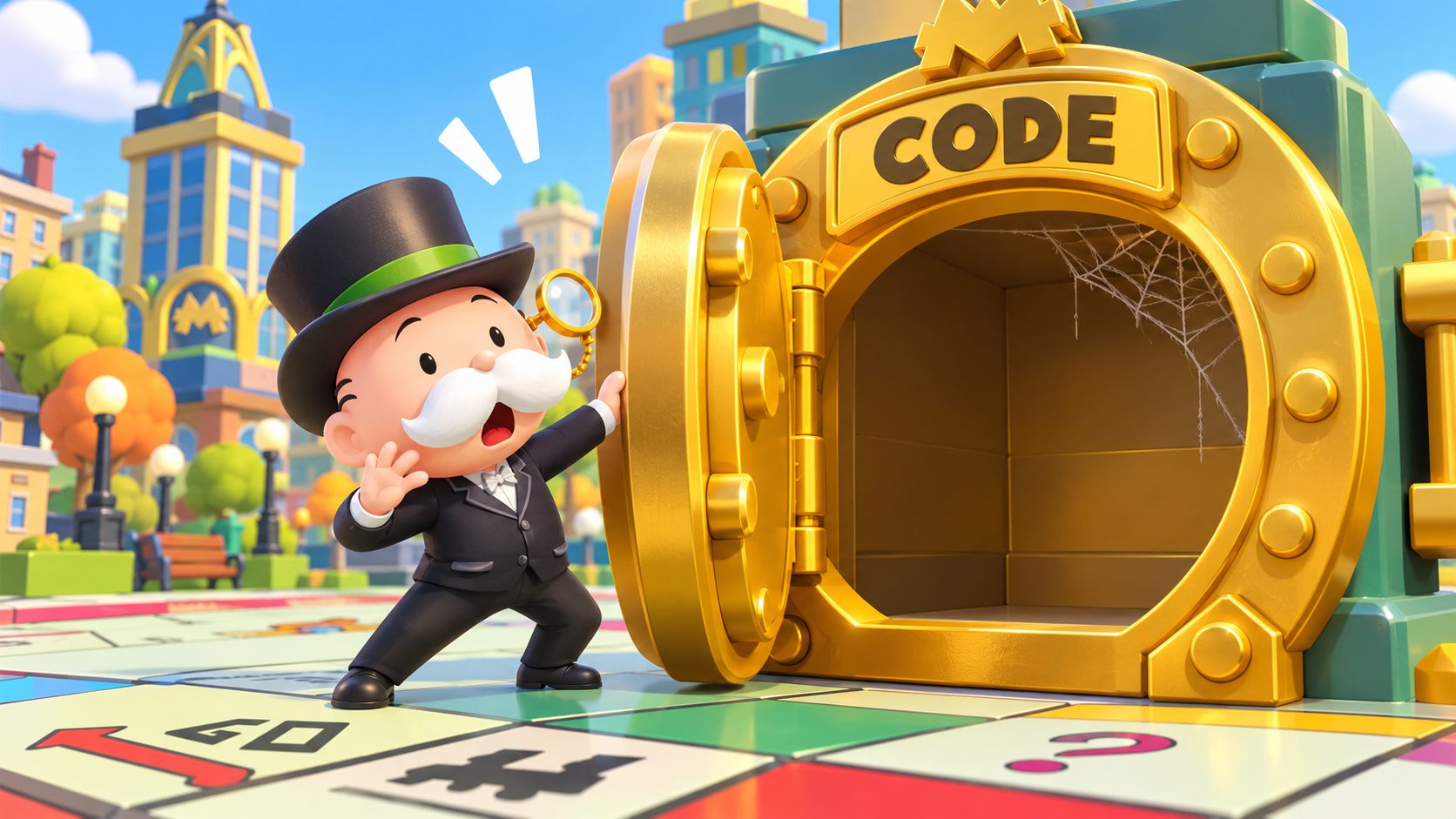 Monopoly Go Codes: Mr. Monopoly vor einem leeren goldenen Code-Tresor