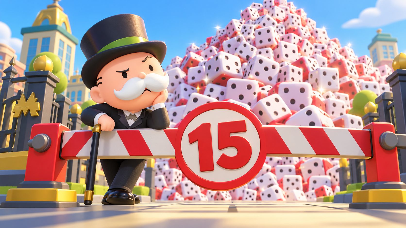 Monopoly Go Würfel gratis: Mr. Monopoly vor einer Schranke mit der Zahl 15 und einem Berg Würfel