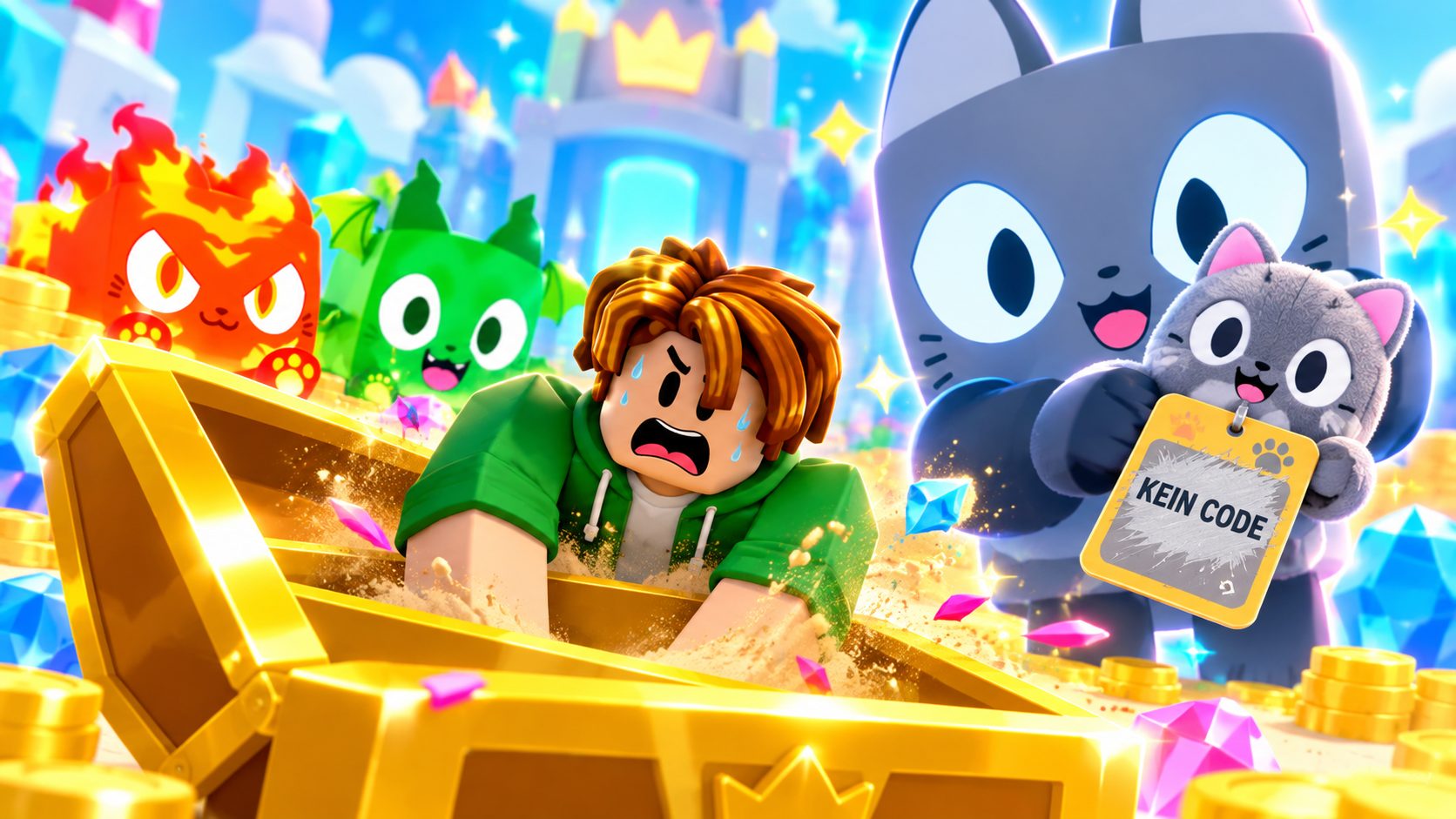 Pet Simulator 99 Codes: Roblox-Avatar gräbt in einer leeren Schatztruhe zwischen Haustieren