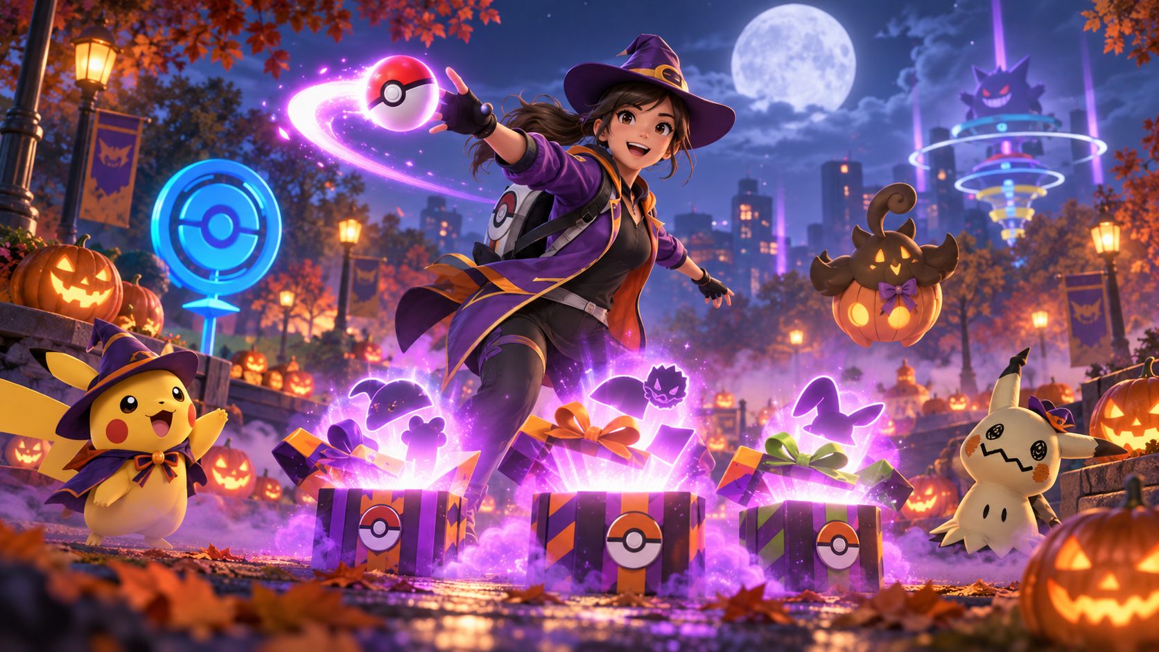 Pokémon GO Halloween 2026: Trainerin mit Pokéball in einer Kürbisnacht