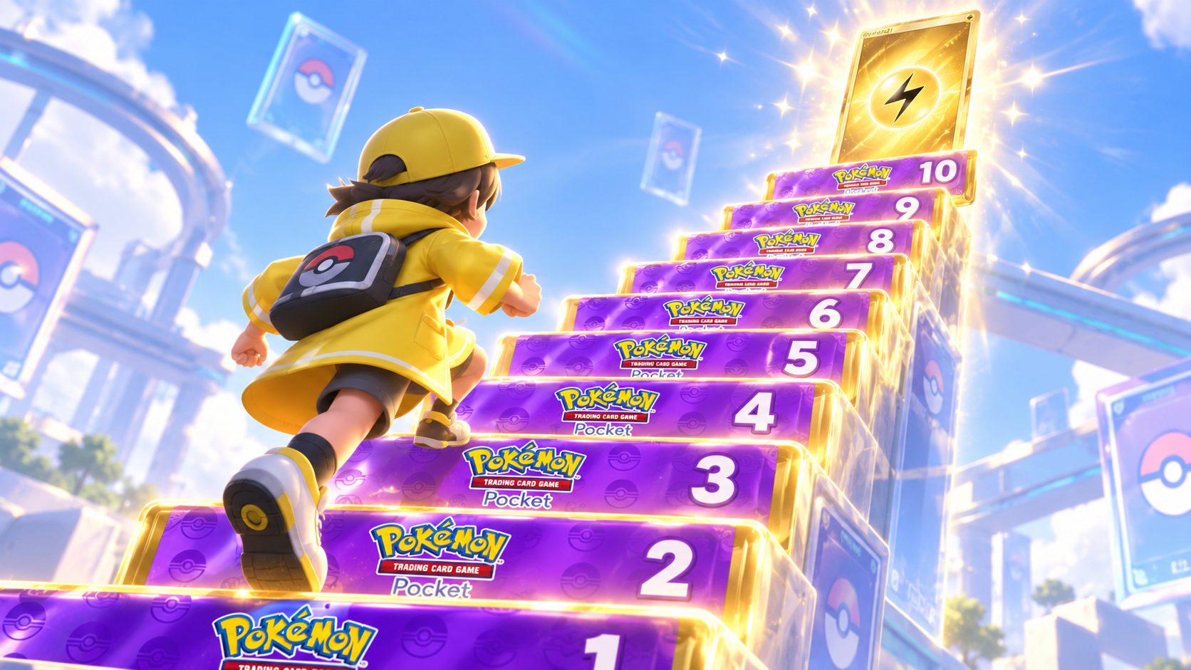 Pokémon TCG Pocket Pikachu Missionen: Pikachu vor einem Stapel Pikachu-Packs