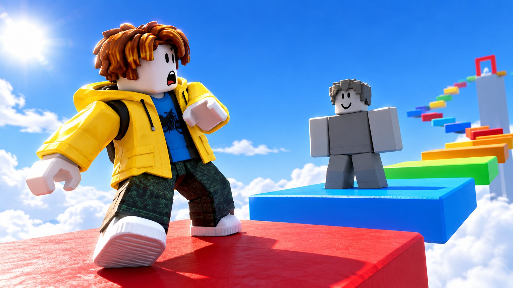 Poki Roblox: Roblox-Avatar vor einem Obby, der nicht zu Roblox gehört