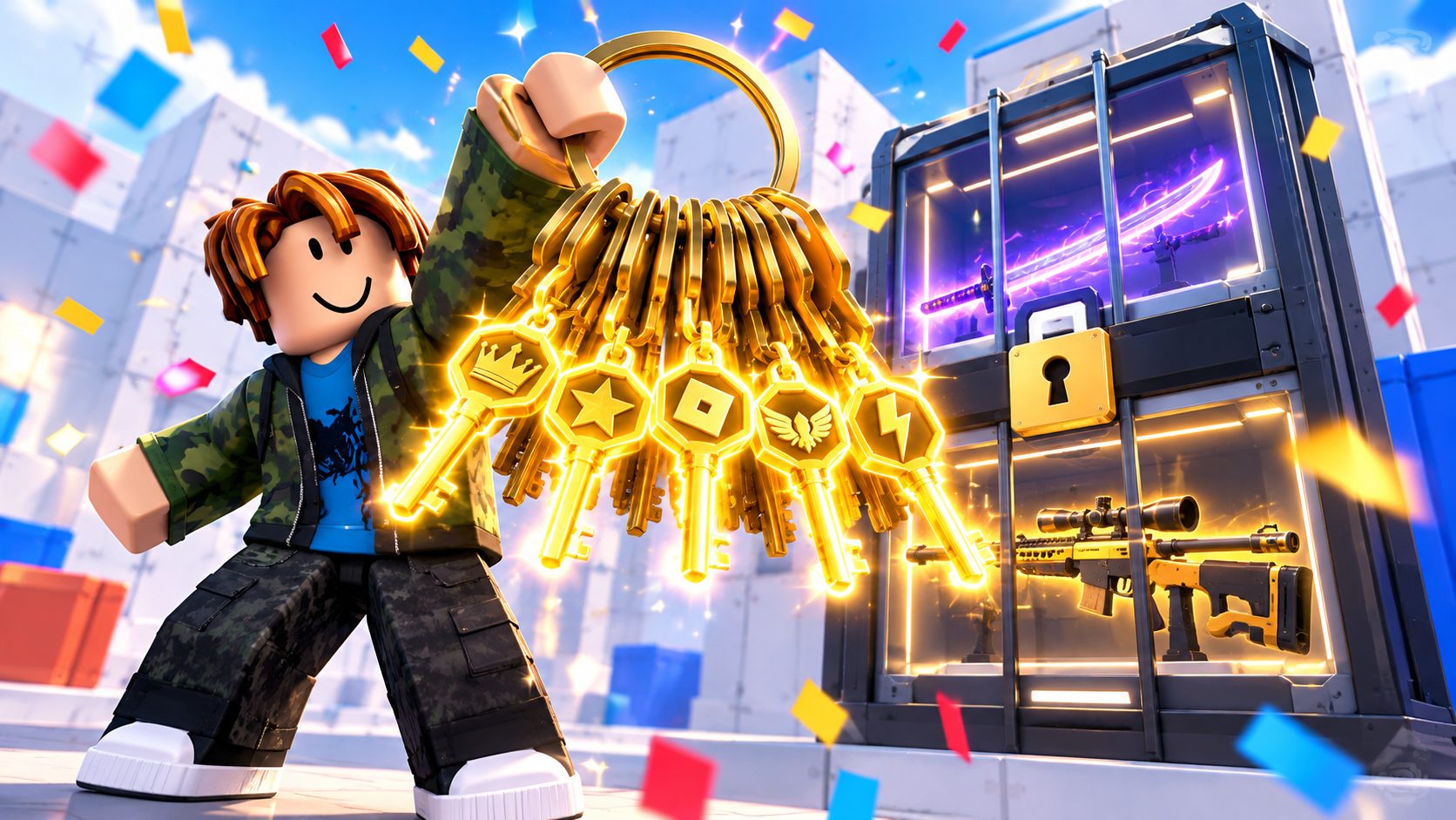 Rivals Codes Roblox: Avatar mit riesigem Schlüsselbund in der Arena