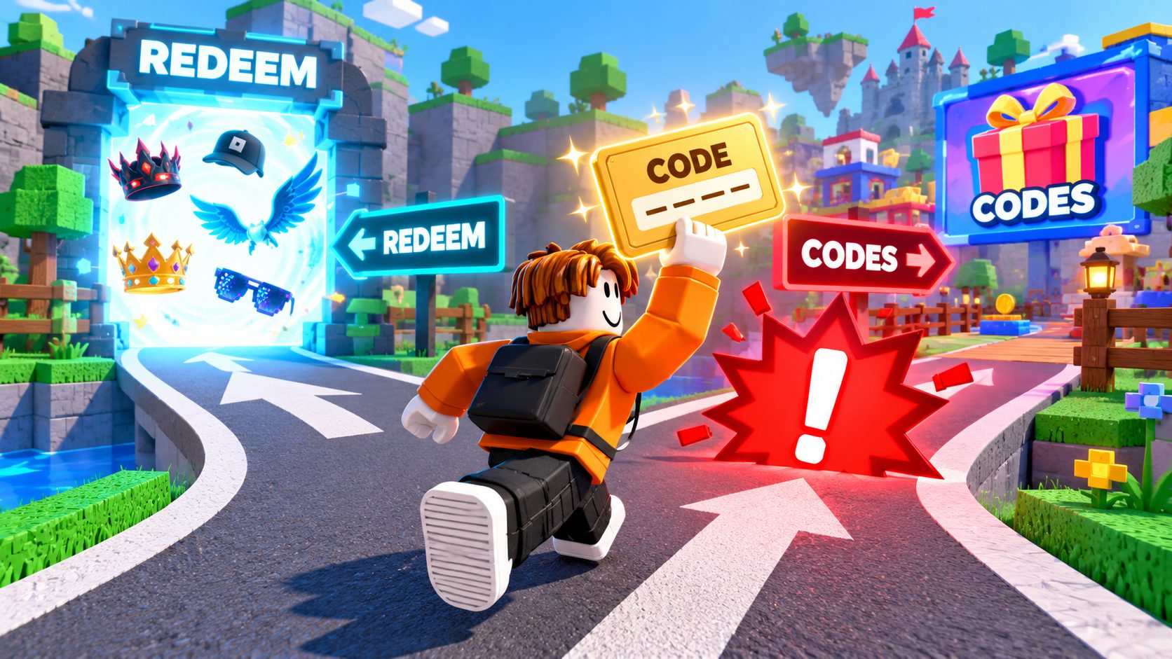 Roblox Codes einlösen: Avatar wählt zwischen Einlöse-Seite und Spiel