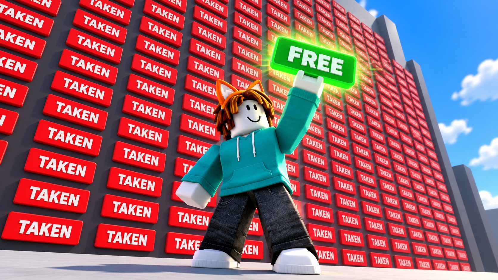 Roblox Namen Ideen: Avatar hält das letzte freie Namensschild hoch