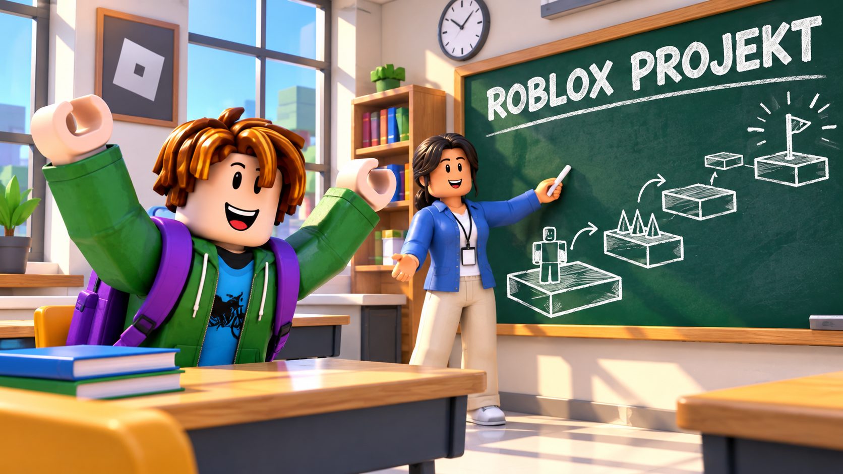 Roblox in der Schule spielen: Avatar im Klassenzimmer vor einer Tafel mit Roblox-Projekt