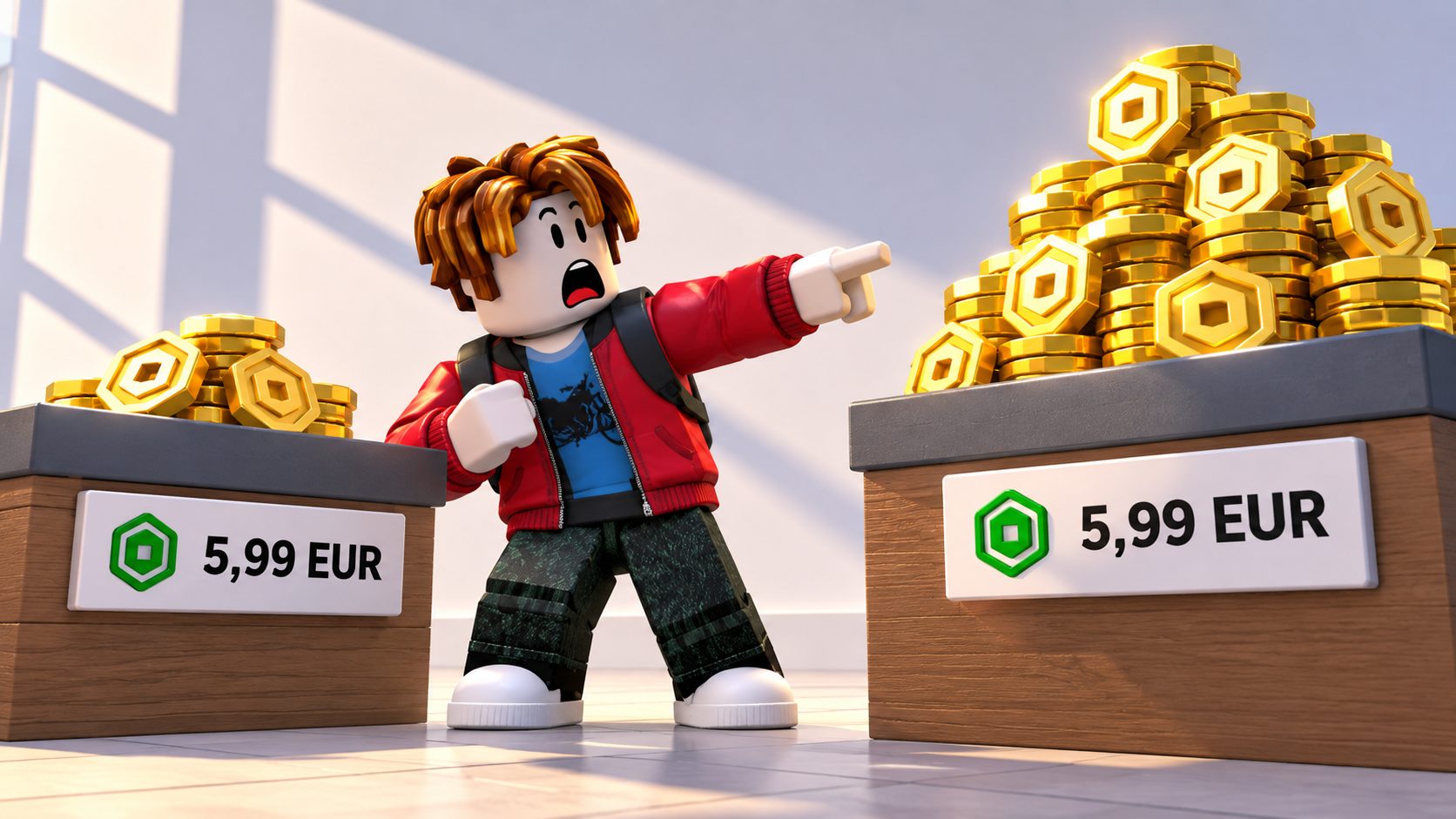 Robux Preise in Euro: zwei Robux-Stapel zum gleichen Preis, einer größer