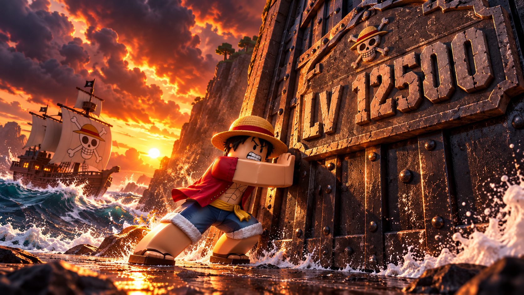 Sailor Piece Codes: Roblox-Pirat steht vor einem Tor mit Level 12.500