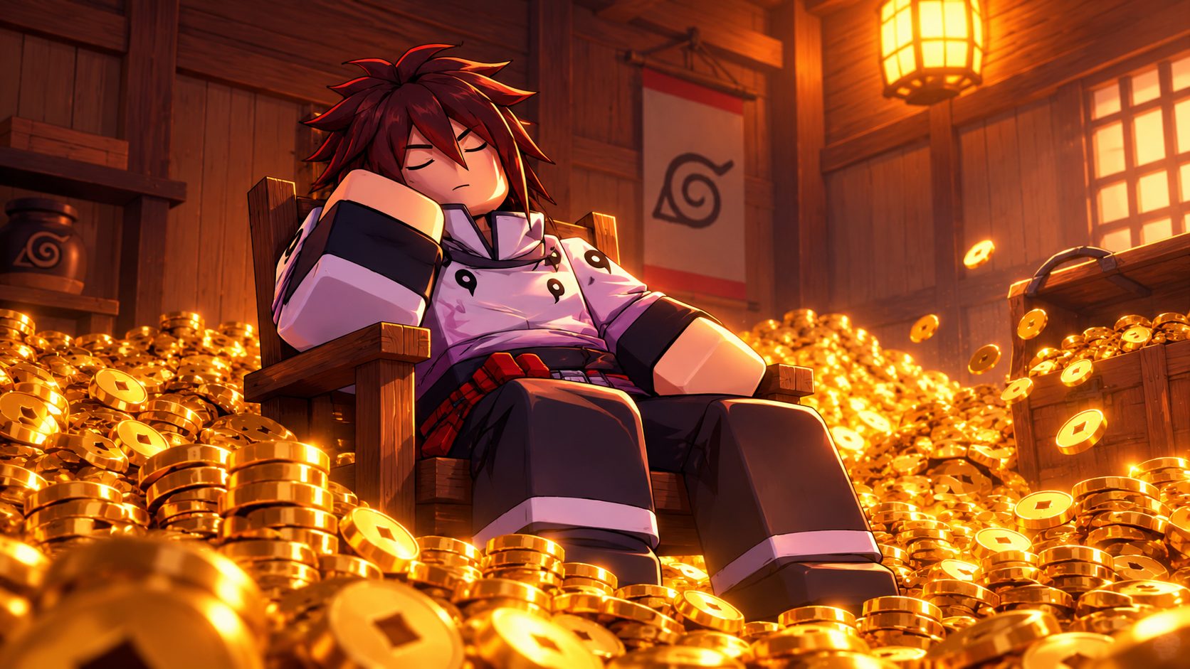 Shindo Life Ryo farmen: Ninja schläft zwischen Ryo-Münzen