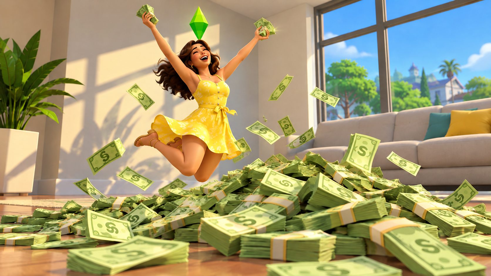 Sims 4 Cheats: Sim mit grüner Plumbob vor einem Berg Simoleons