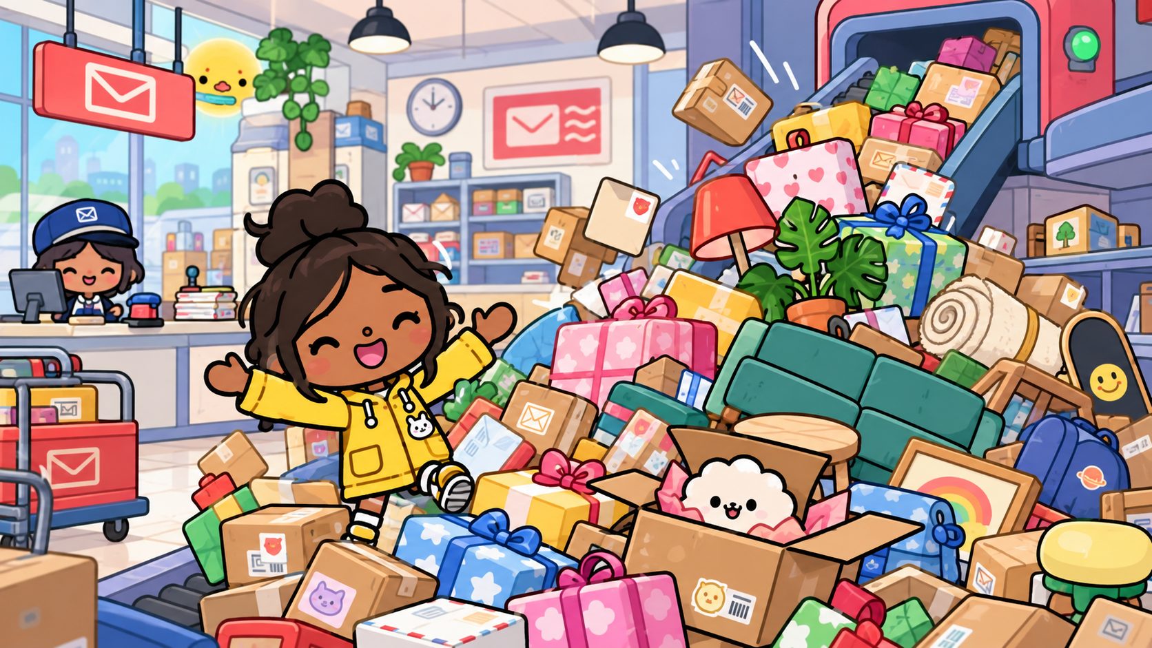 Toca Boca World kostenlos: Figur vor einem Berg Freitagsgeschenke im Postamt