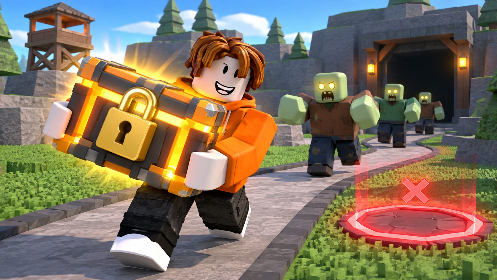 Tower Defense Simulator Codes: Roblox-Avatar mit Skin-Kiste vor einer Zombie-Welle