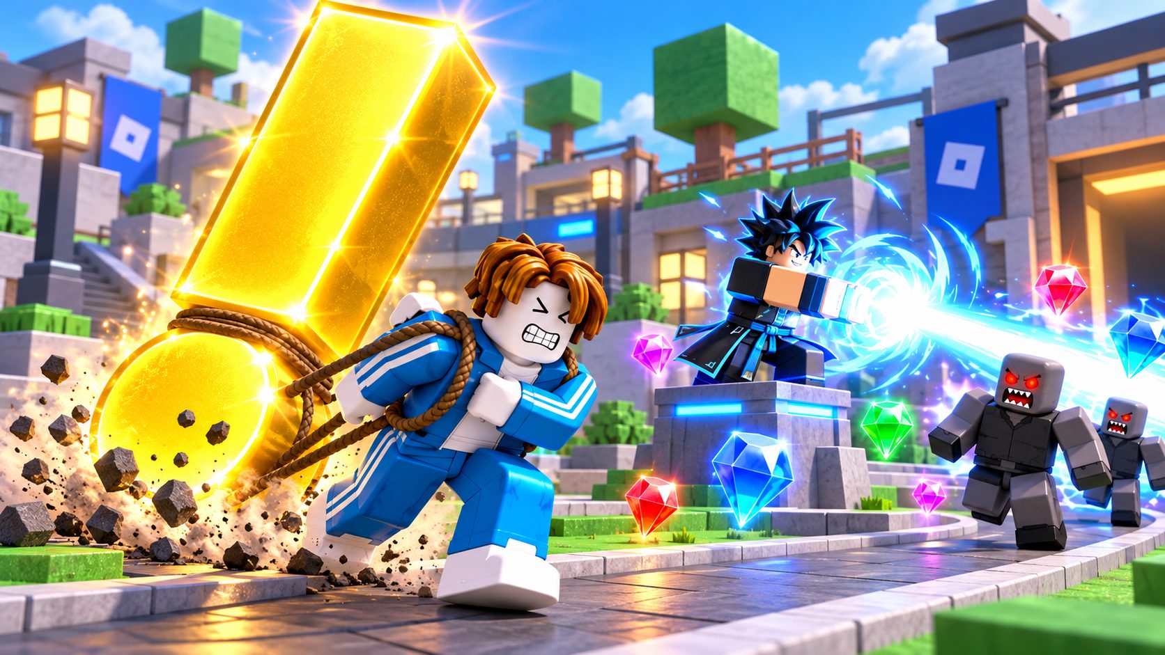 Universal Tower Defense Codes: Roblox-Avatar mit riesigem Ausrufezeichen vor einer Anime-Einheit