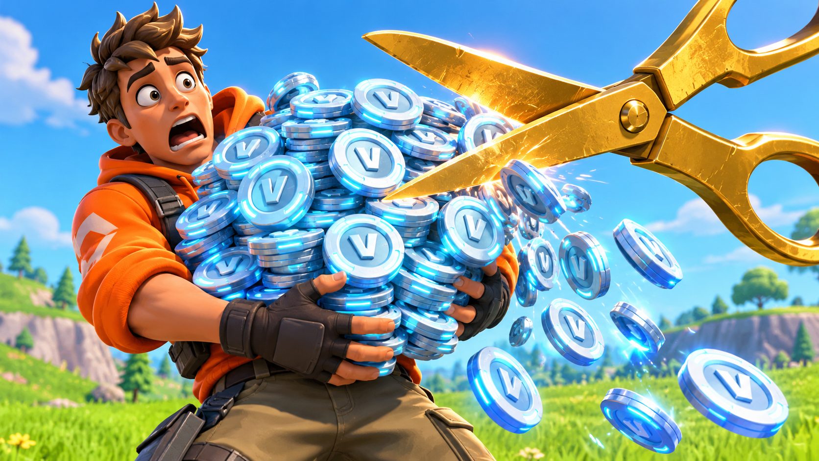 V-Bucks kostenlos: Fortnite-Figur mit einem schrumpfenden Haufen V-Bucks-Münzen