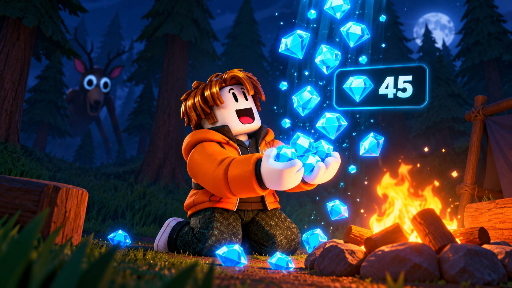 Survivor catching falling Gems by a campfire, 99 Nights in the Forest codes