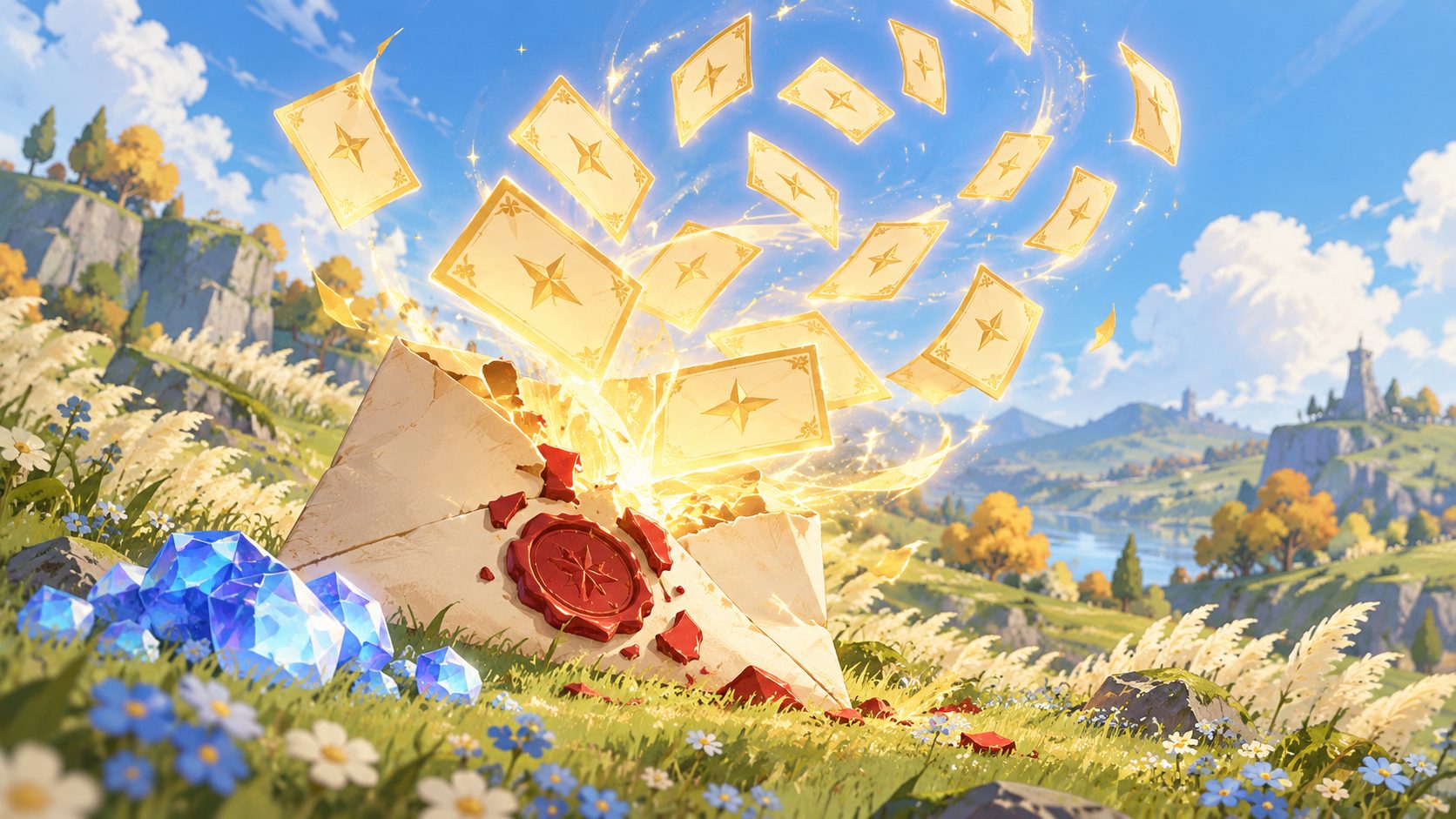 Golden Invite Letters flying over the fields of Esperia, AFK Journey codes
