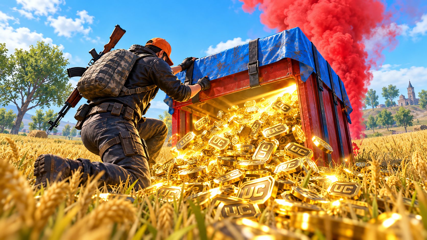 BGMI soldier opening an airdrop full of UC coins, BGMI free UC