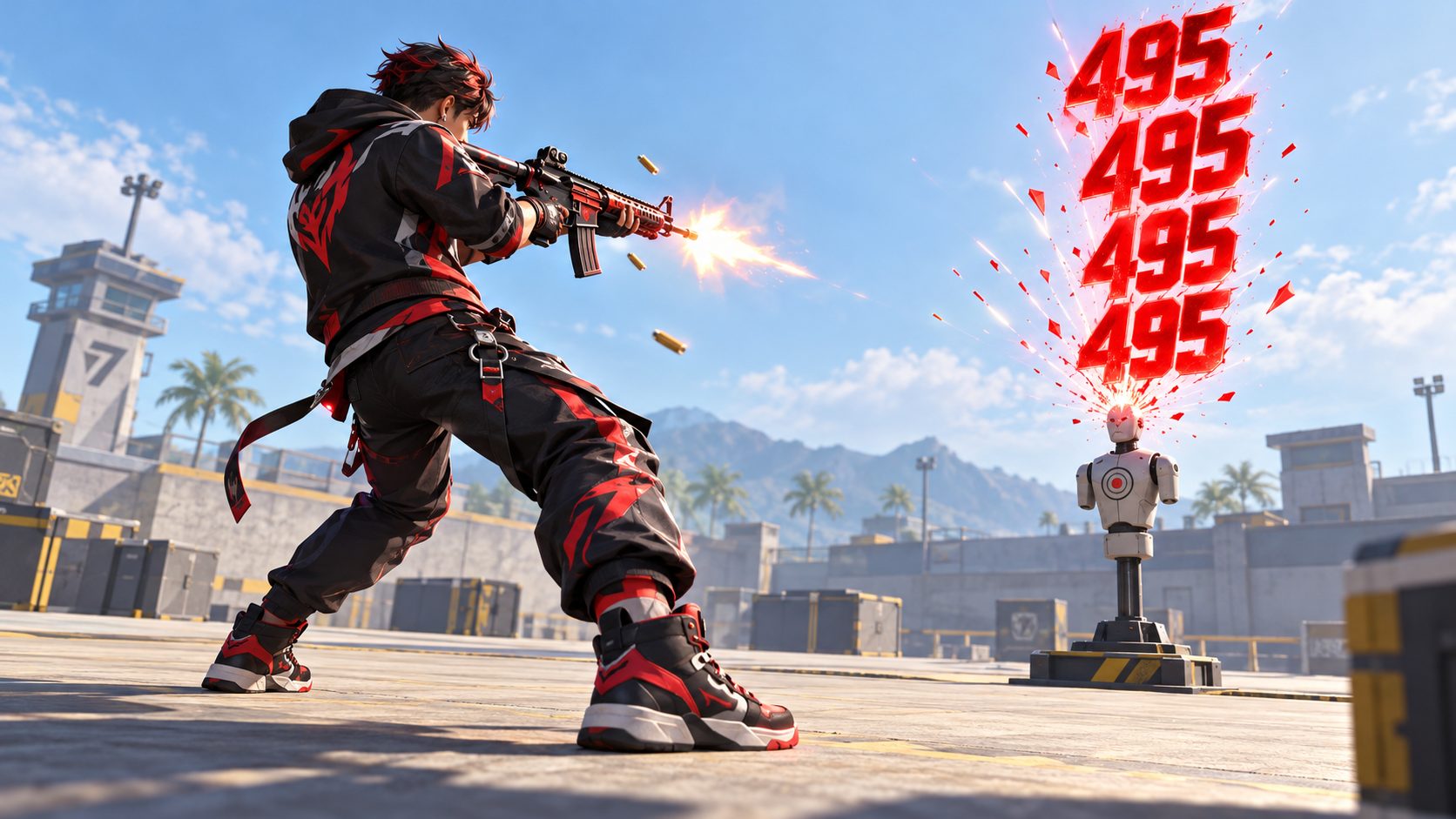 Free Fire character hitting all red headshots with the M7 rifle in training