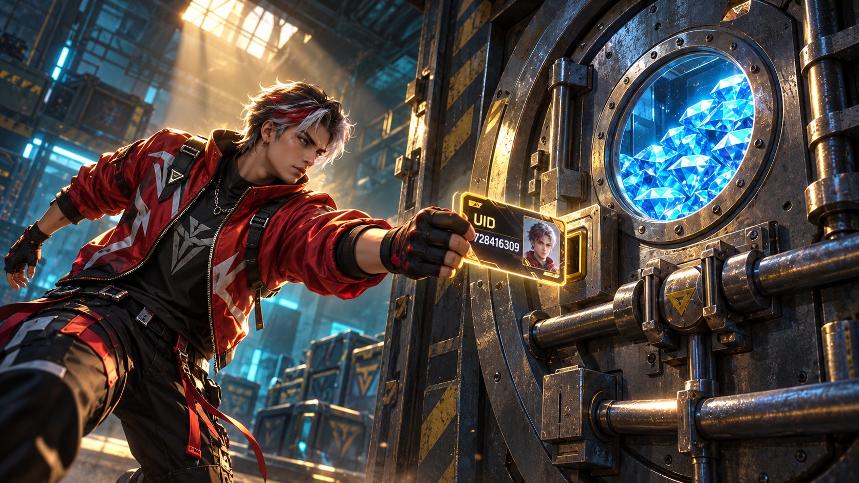 Free Fire character holding a UID card next to a locked diamond vault, Free Fire free diamonds by UID