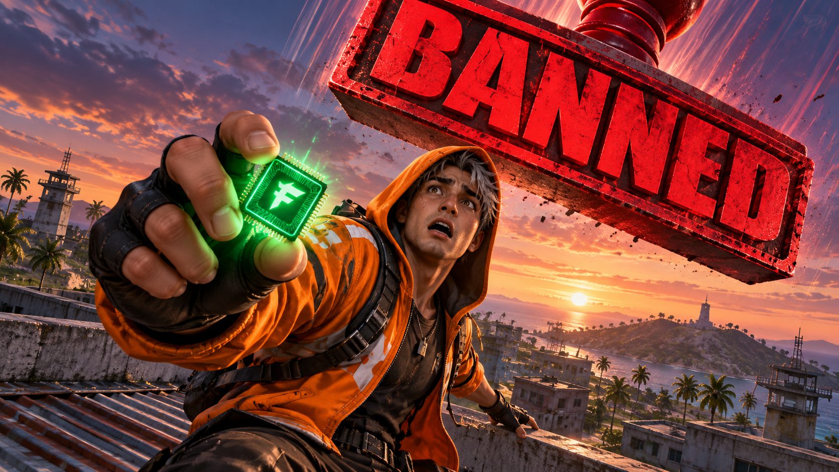 Free Fire hack file next to a banned account, FF hack risk
