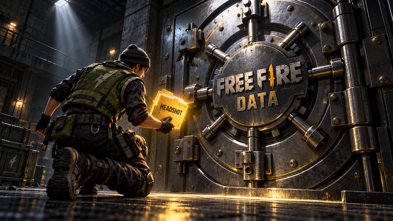 Free Fire character with a headshot config file at a locked vault door
