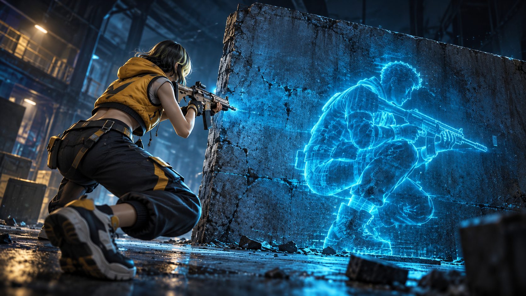 Free Fire hologram showing an enemy outline through a wall