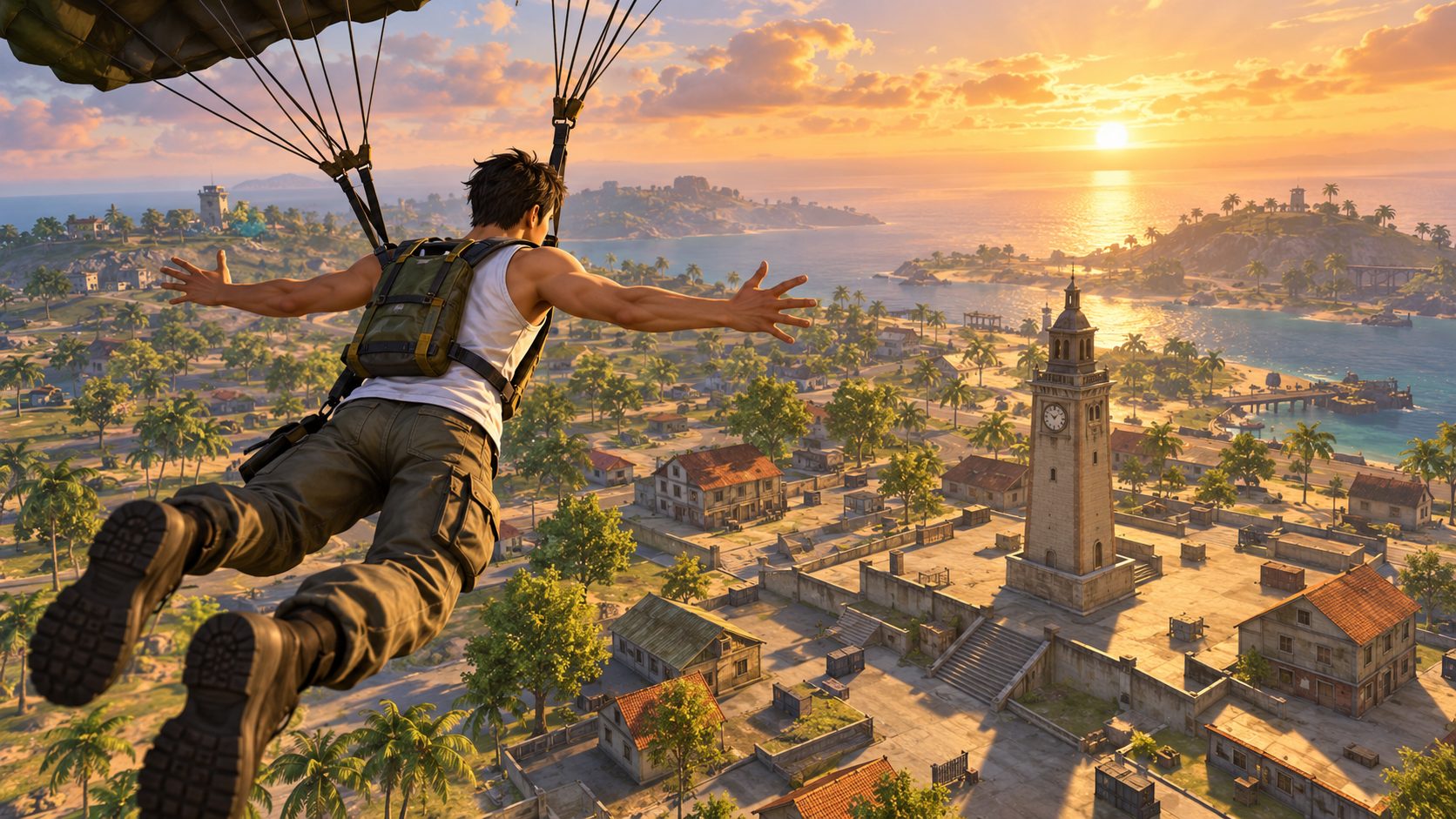 Free Fire old version player landing on classic Bermuda 2017