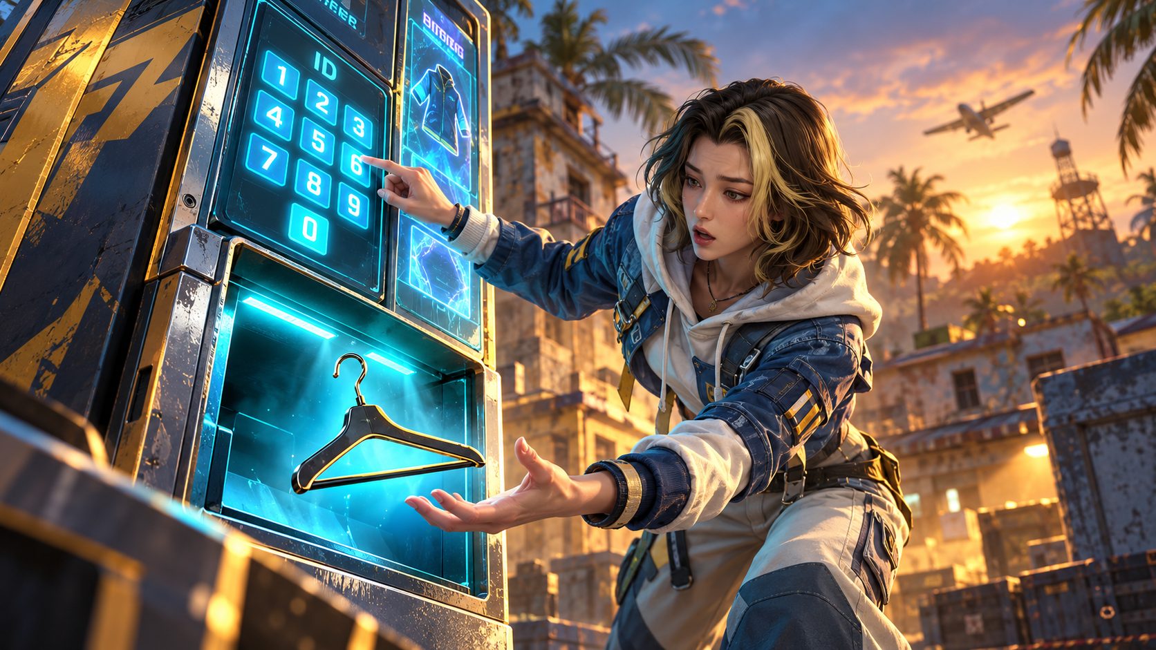 Free Fire character using a skin generator by ID machine that drops an empty hanger