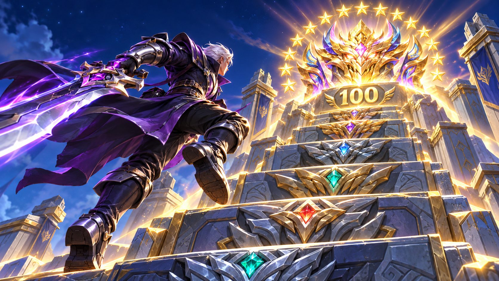Alucard climbing a staircase of rank badges, MLBB rank list