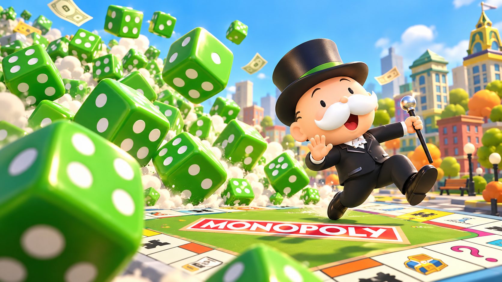 Mr. Monopoly with a pile of free dice on the board, Monopoly GO free dice links