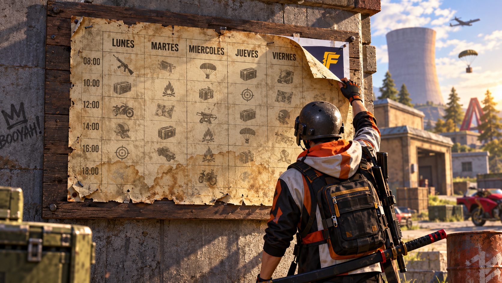 Tablon de eventos de Free Fire con el cartel amarilleado y despegado
