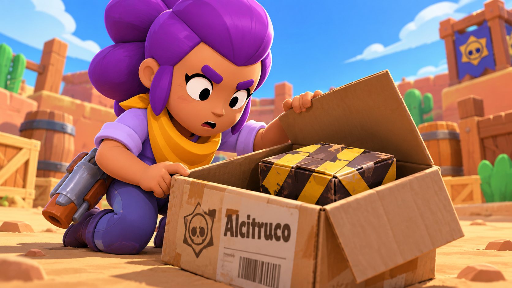 Shelly de Brawl Stars abriendo una caja etiquetada Alcitruco que esconde otra caja con cinta de peligro