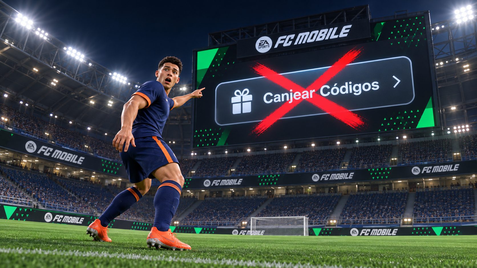 Futbolista de FC Mobile señala una pantalla de estadio con el botón Canjear Códigos tachado en rojo