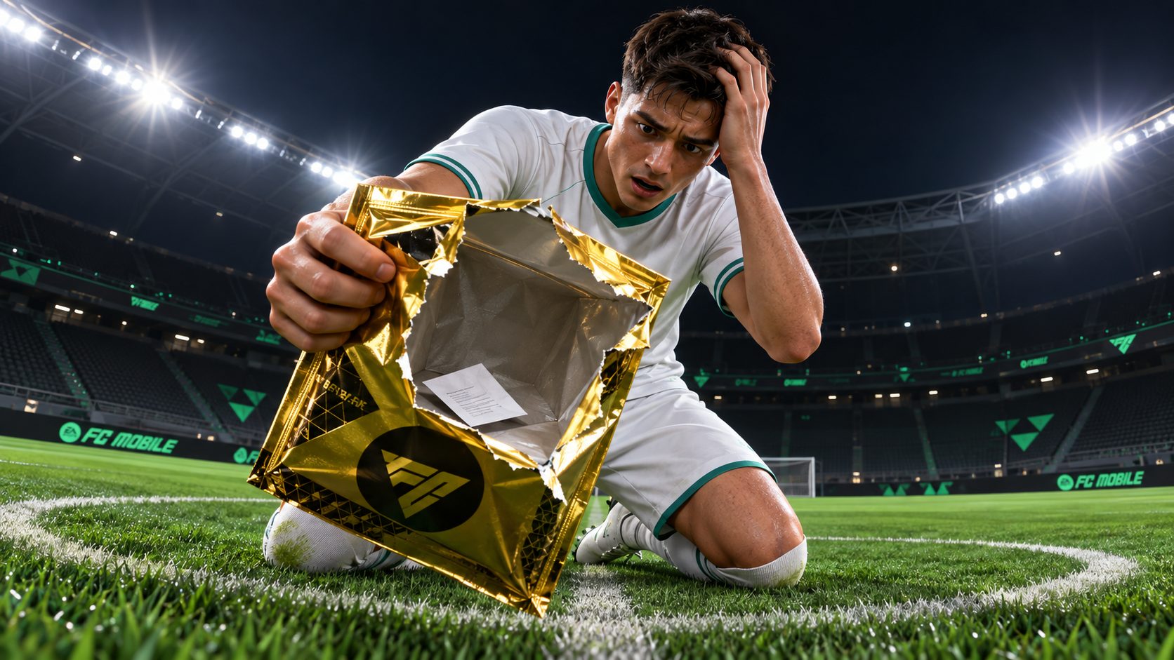 Futbolista de FC Mobile abriendo un sobre dorado casi vacío en un estadio de noche